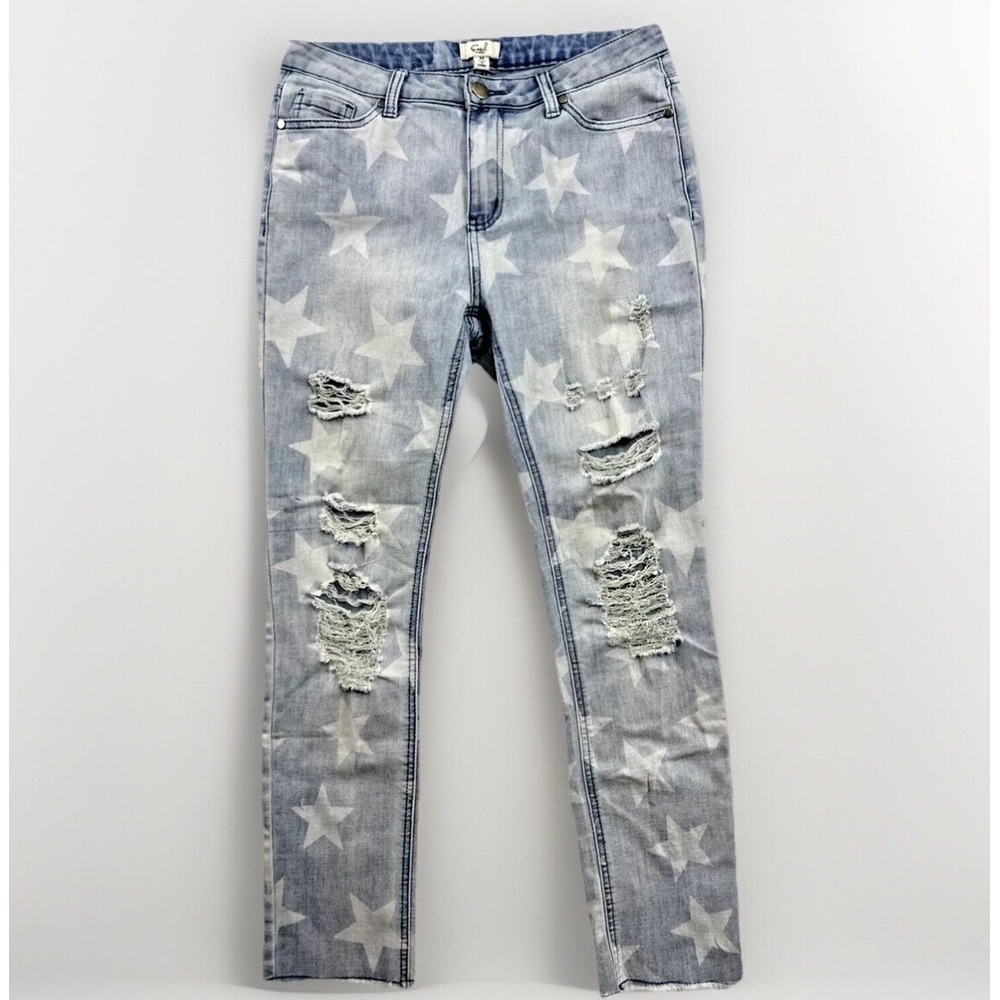 Easel Women's Jeans‎ Size M (31x29) Stars Distressed Raw Hem Mid Rise Slim Fit